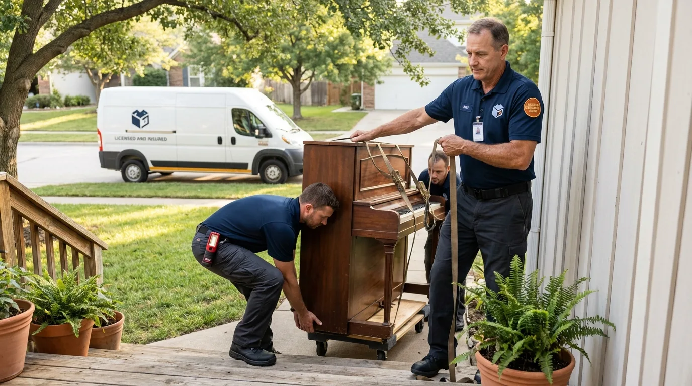 Licensed piano movers securing grand piano in Chicago Ridge, IL