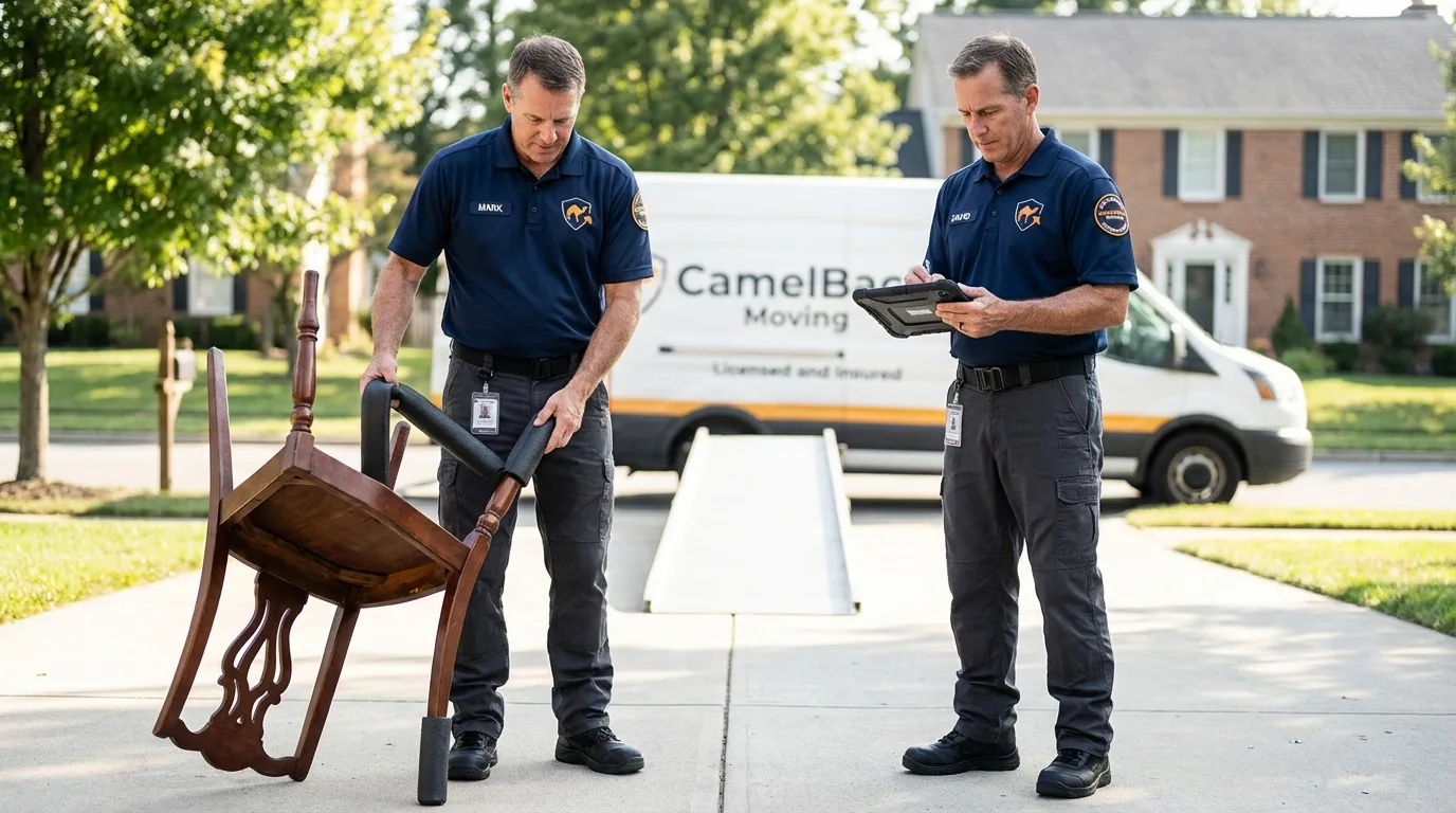 Movers inspecting furniture for damage prevention before loading in Chicago Ridge, IL