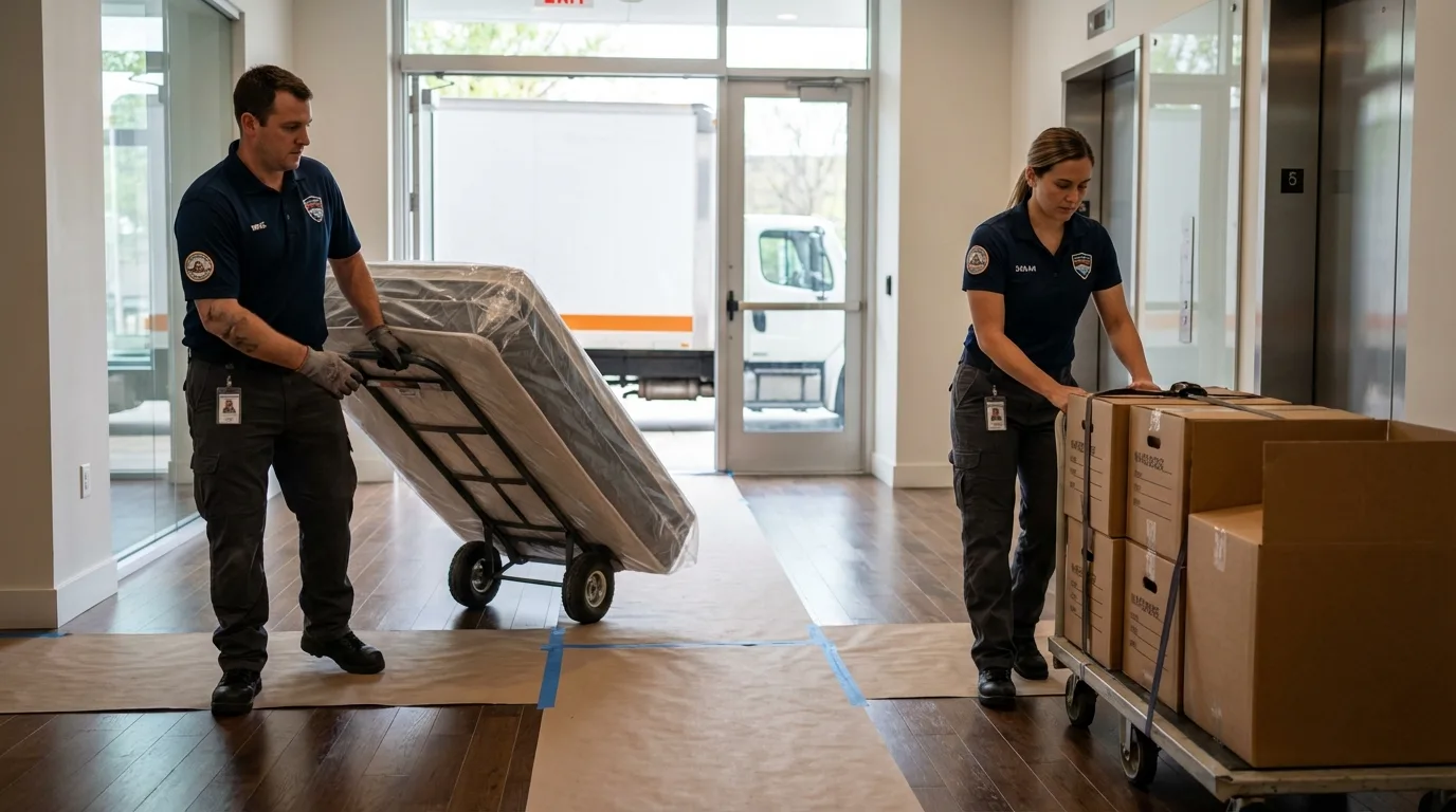Professional apartment movers loading elevator in Chicago Ridge, IL